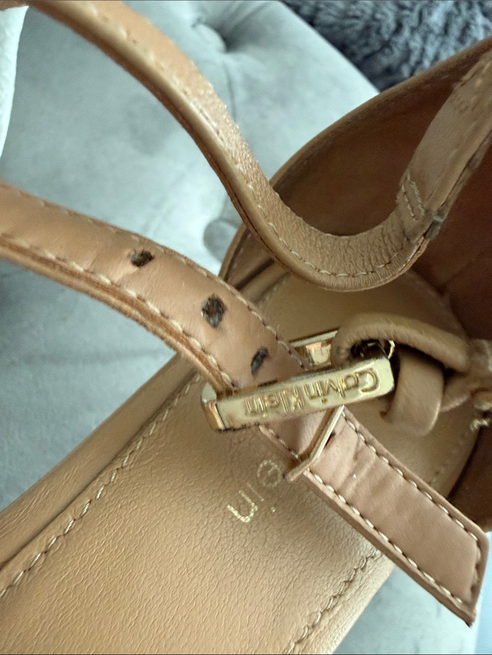 Calvin Klein White and Tan Two-Tone Ankle Strap Heels - Picture 3 of 11